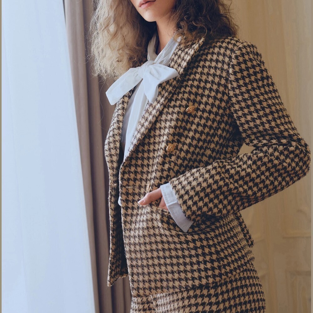 Brown Houndstooth Tweed Double Breasted Gold Button Blazer